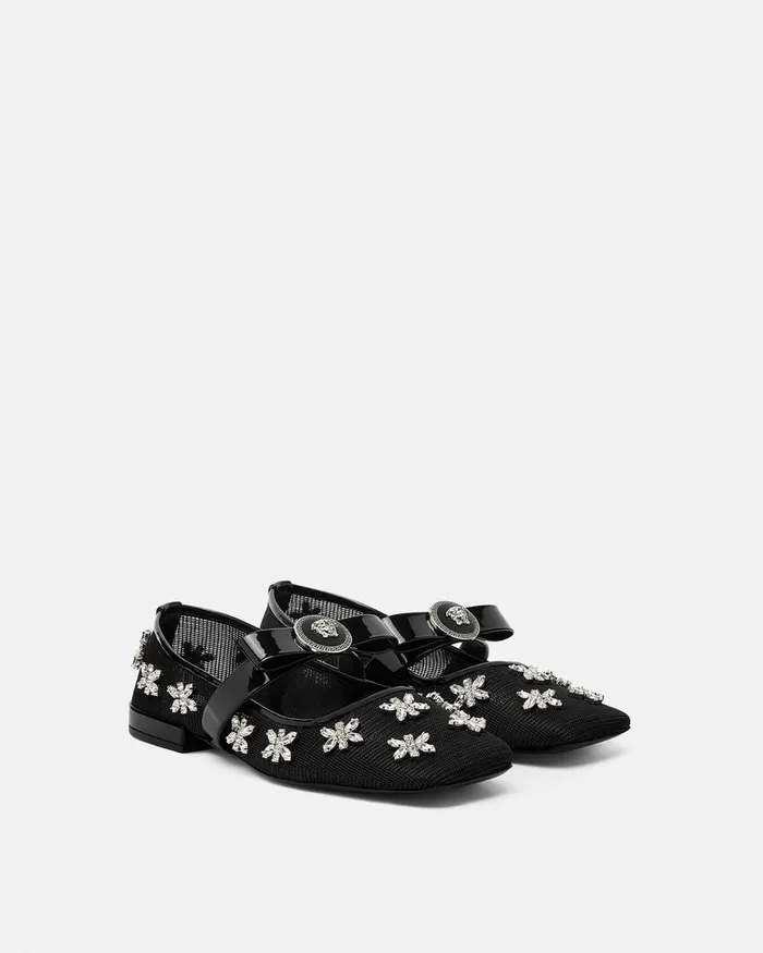 Loafers and Flats Women Versace Crystal Mesh Gianni Ribbon Ballerinas Blacksilver