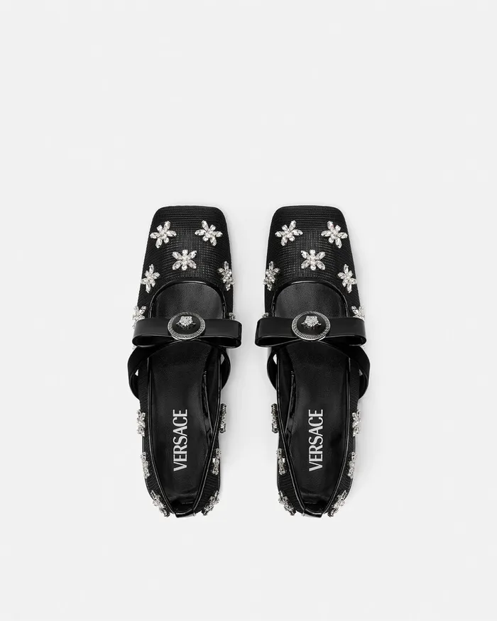 Loafers and Flats Women Versace Crystal Mesh Gianni Ribbon Ballerinas Blacksilver