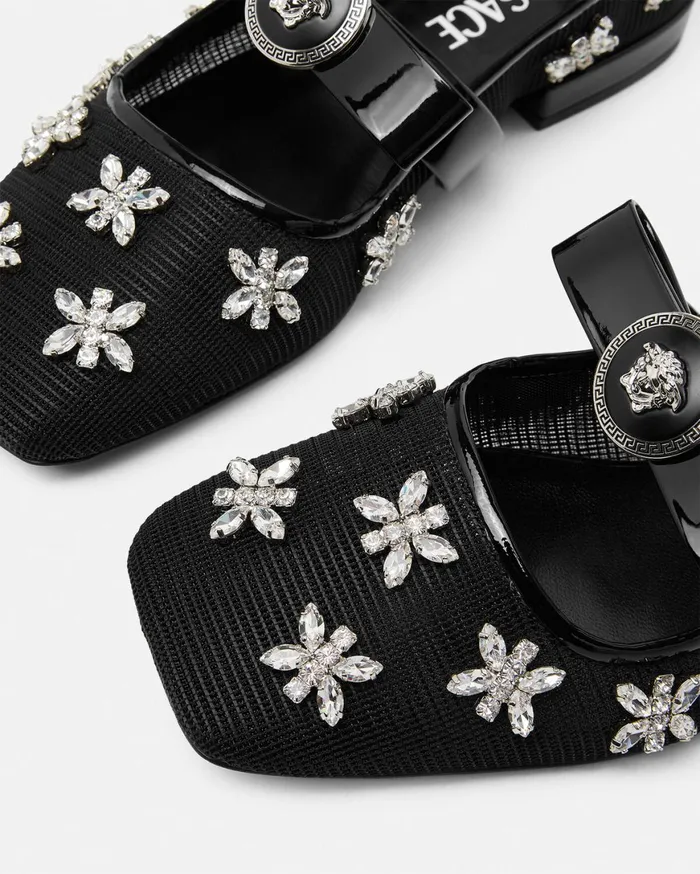 Loafers and Flats Women Versace Crystal Mesh Gianni Ribbon Ballerinas Blacksilver