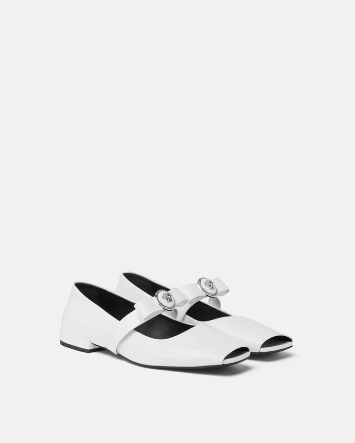Loafers and Flats Women Versace Gianni Ribbon Open Patent Ballerinas White