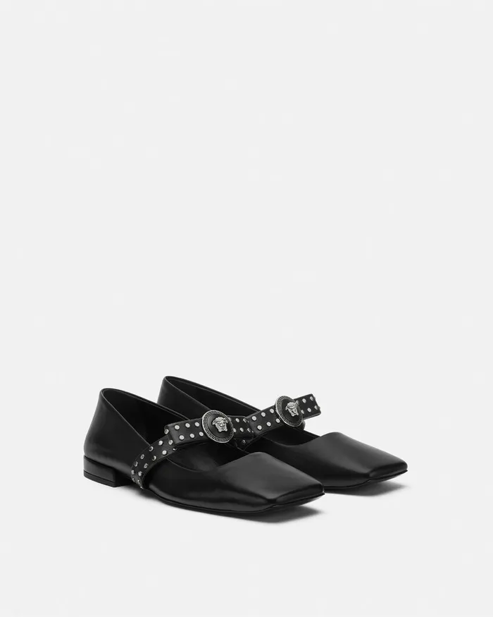 Loafers and Flats Women Versace Gianni Ribbon Studded Ballerinas Blacksilver