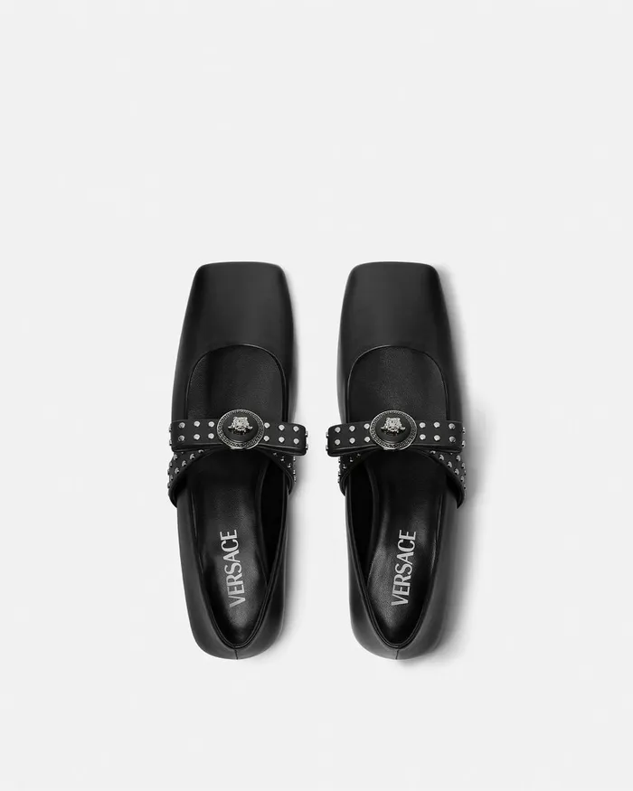 Loafers and Flats Women Versace Gianni Ribbon Studded Ballerinas Blacksilver