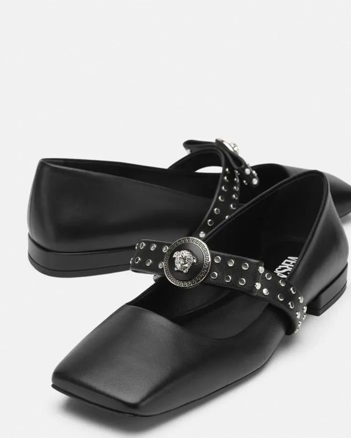 Loafers and Flats Women Versace Gianni Ribbon Studded Ballerinas Blacksilver