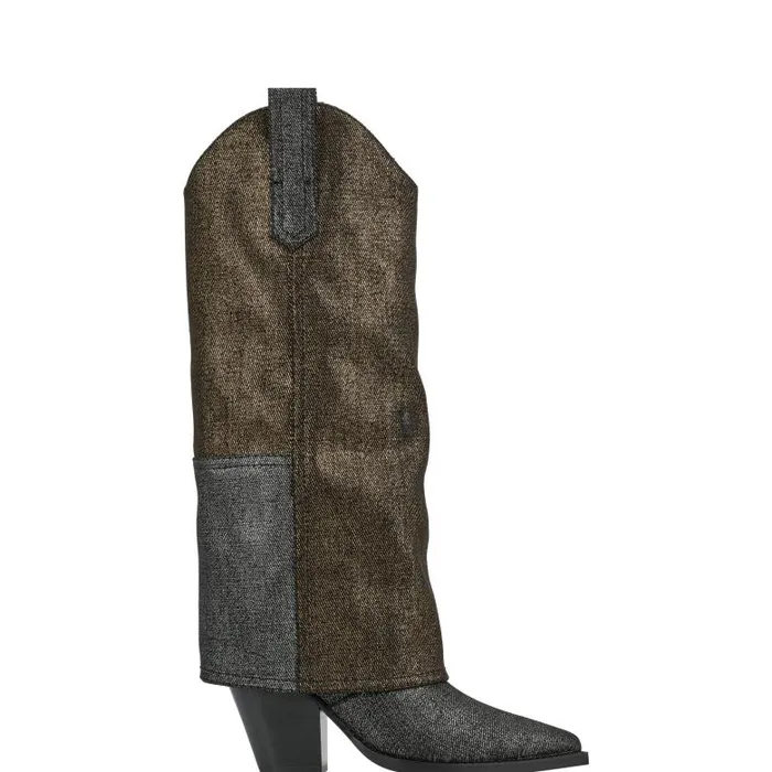 Marc Fisher Casual Boots Women Harlo Foldover Western Boot Black Metallic Denim