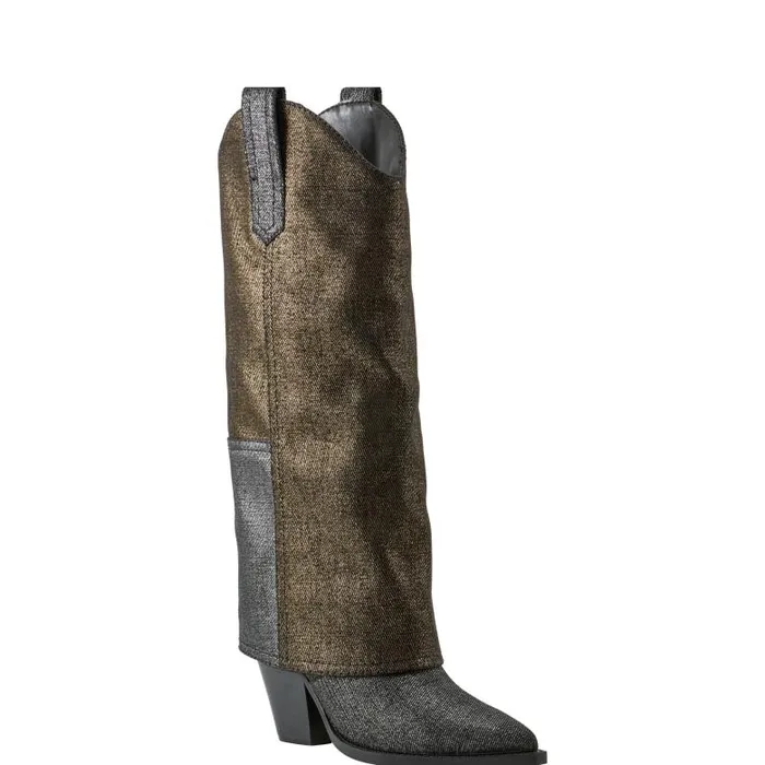 Marc Fisher Casual Boots Women Harlo Foldover Western Boot Black Metallic Denim