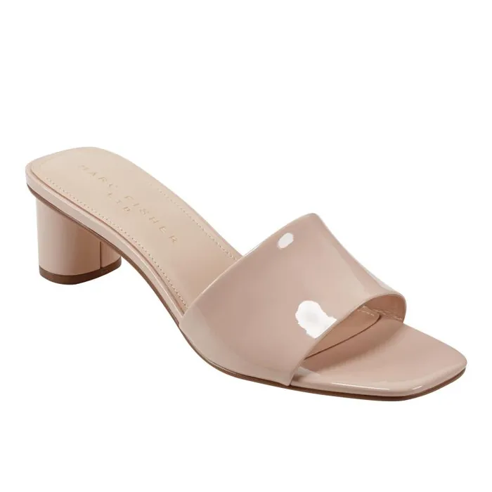 Marc Fisher Mules and Slides Women Nemmie Heeled Slide Sandal Natural Patent Leather