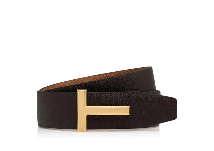 Men Belts Tom Ford Small Grain Leather T Icon Belt Chocolate Almond