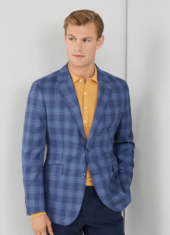 Men Blazers Hackett London Wool And Silk Checked Blazer Blue