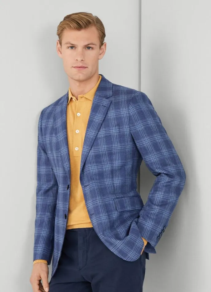 Men Blazers Hackett London Wool And Silk Checked Blazer Blue