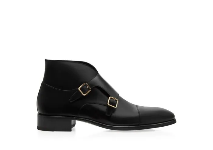 Men Boots Tom Ford Burnished Leather Elkan Monk Strap Boot Black