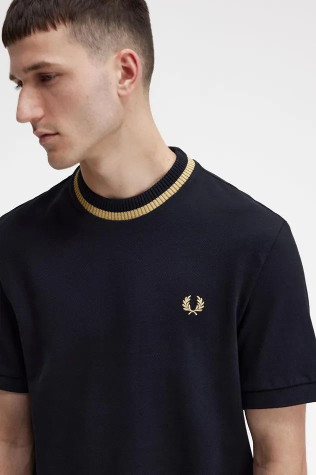 Men Crew Neck Piqu TShirt Black Fred Perry TShirts