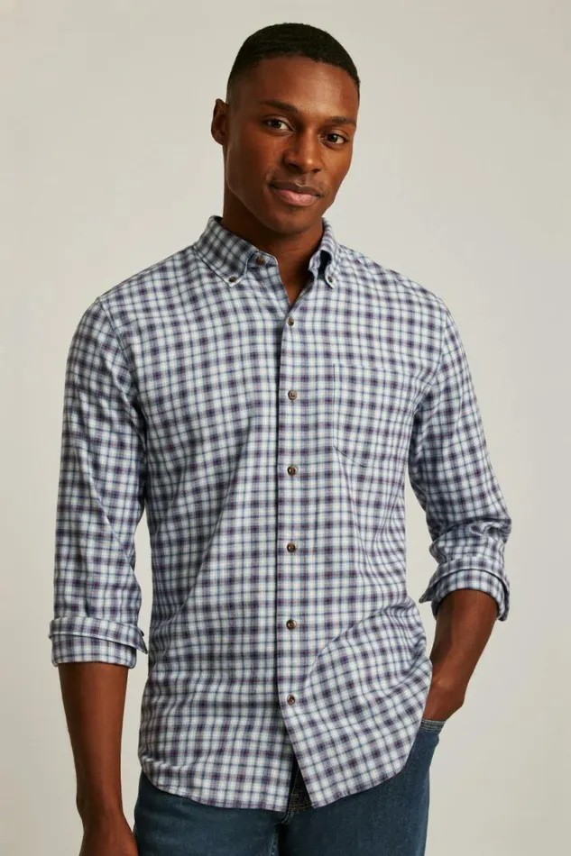 Men Everyday Lightweight Flannel Shirt Heather Blue Burgundy Plaid Bonobos Overshirts