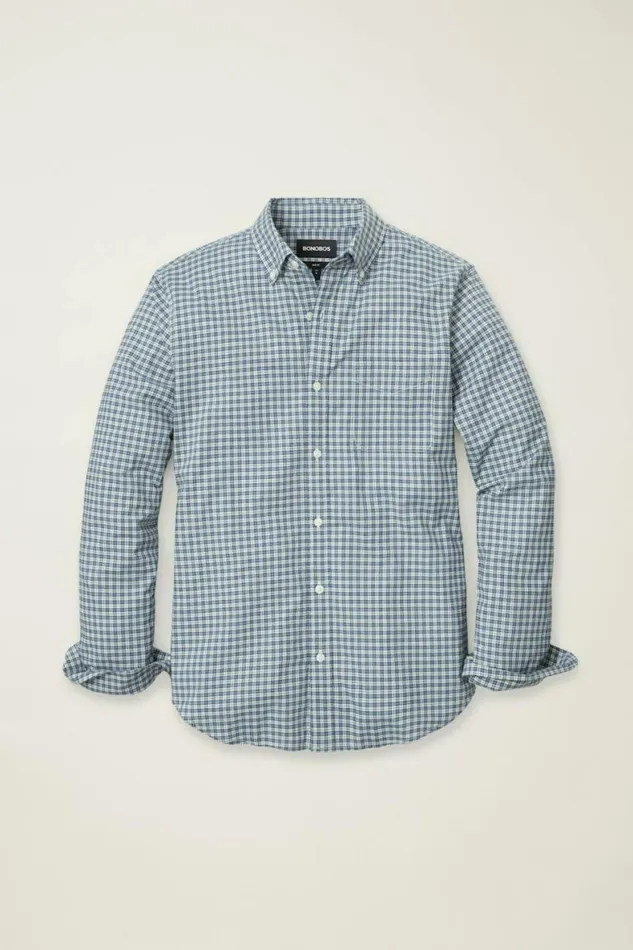 Men Everyday Shirt White Blue Smithtown Plaid Bonobos Business Casual Shirts