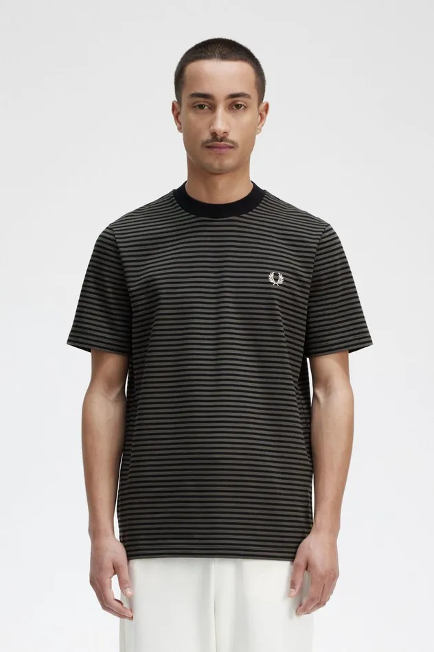 Men Fine Stripe Heavyweight TShirt Blackfield Green Fred Perry TShirts