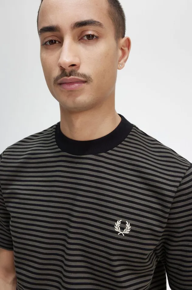 Men Fine Stripe Heavyweight TShirt Blackfield Green Fred Perry TShirts