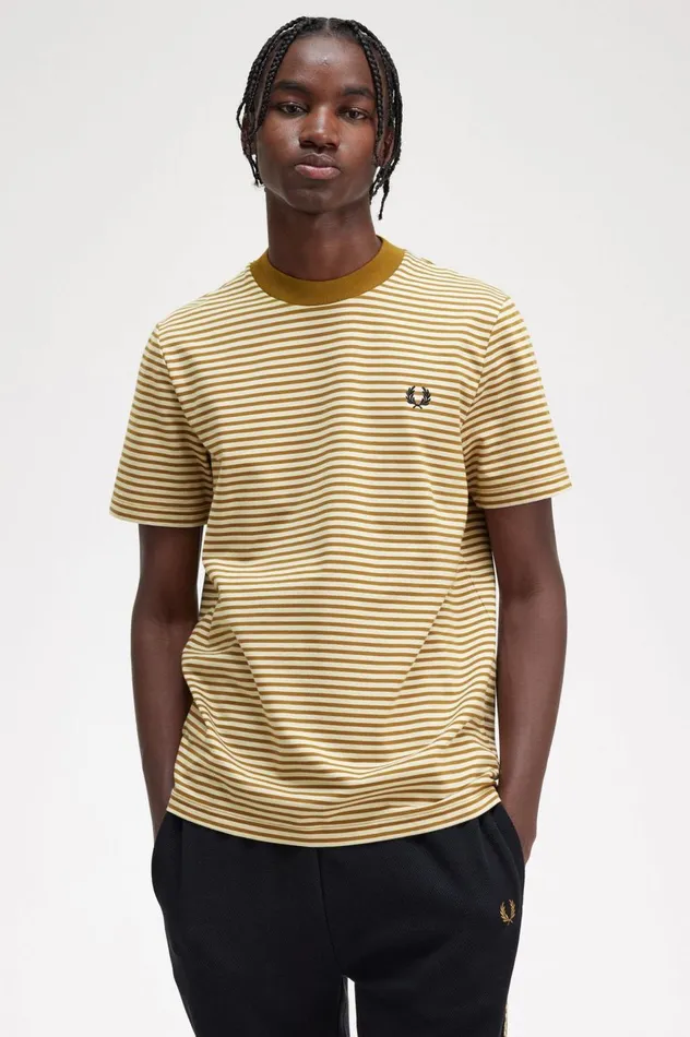 Men Fine Stripe Heavyweight TShirt Oatmealdark Caramel Fred Perry TShirts