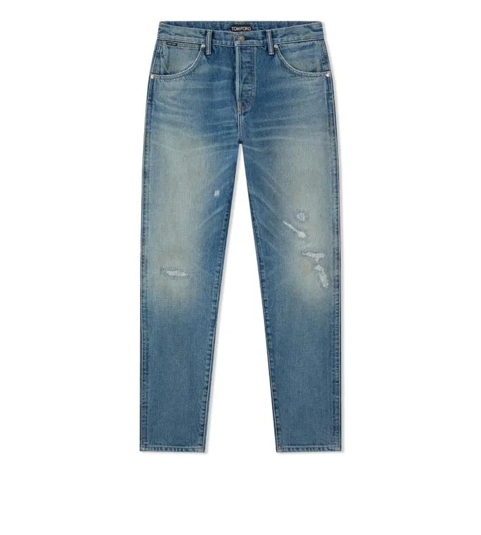Men Jeans Tom Ford Summer Blue Tapered Fit Jeans Repaired Summer Blue