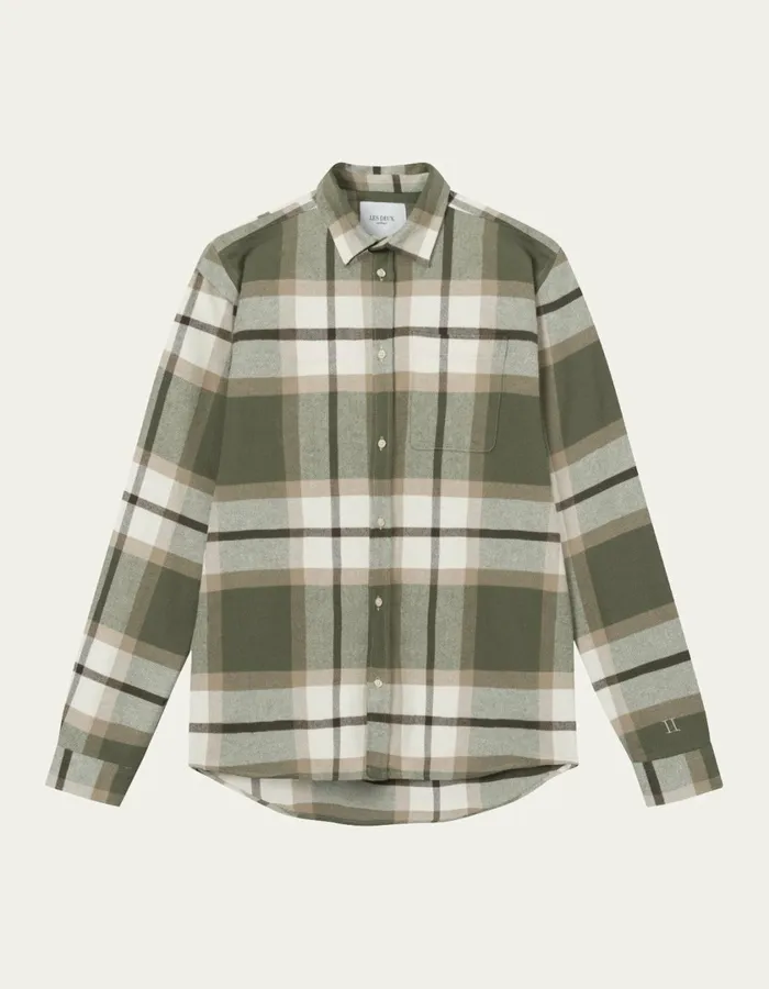 Men Jeremy Flannel Shirt 8211 Olive NightLead Grey Les Deux ShirtsOvershirts