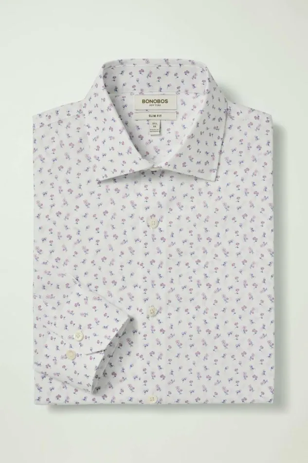 Men Jetsetter Stretch Dress Shirt White And Purple Micro Floral Bonobos Business Casual Shirts