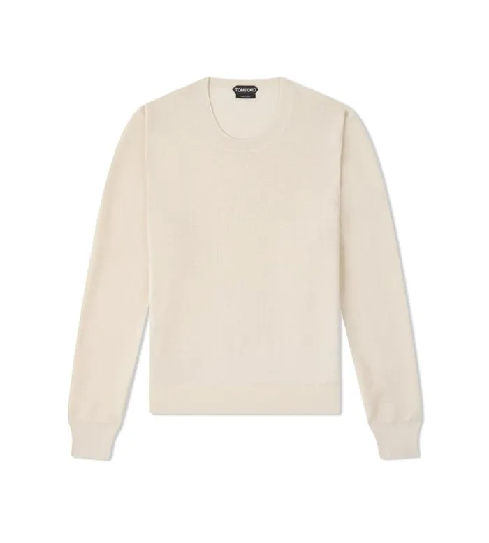 Men Knitwear Tom Ford Textured Silk Merino Crew Neck Chalk