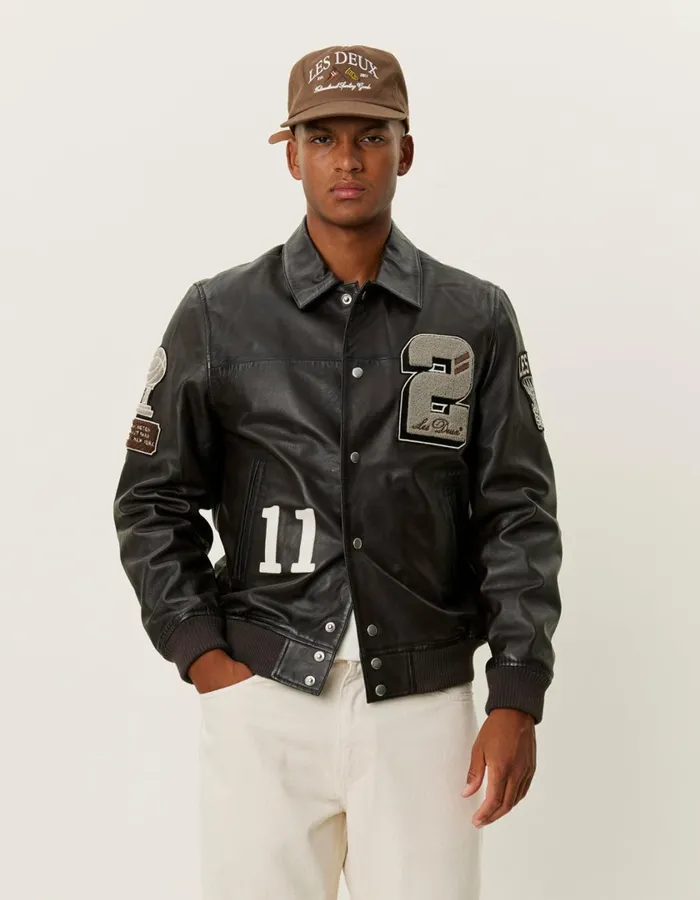 Men Les Deux Varsity Leather Jacket 8211 Brown Les Deux JacketsCoats