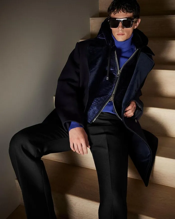 Men Outerwear Tom Ford Croc Printed Velvet Raglan Hood Midnight Blue Men Outerwear Tom Ford Croc Printed Velvet Raglan Hood Midnight Blue