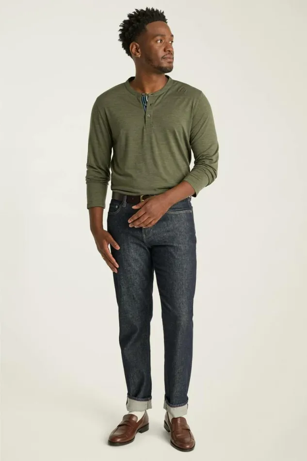 Men Performance Merino Long Sleeve Henley Olive Green Bonobos Henleys