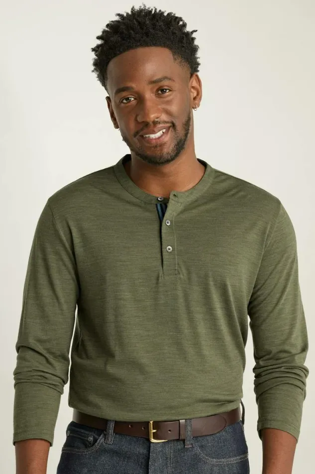 Men Performance Merino Long Sleeve Henley Olive Green Bonobos Henleys