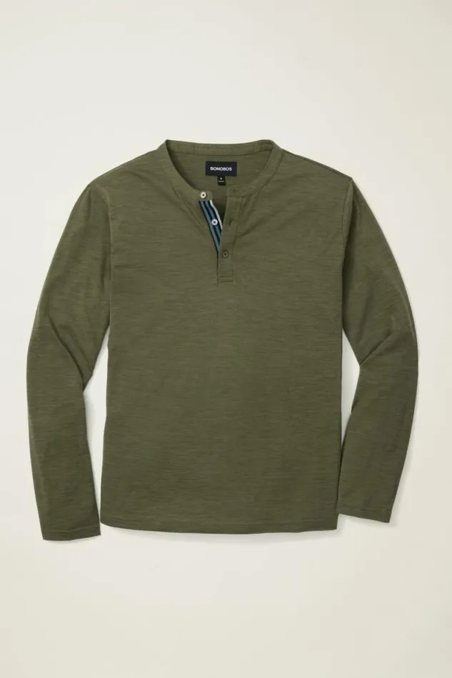 Men Performance Merino Long Sleeve Henley Olive Green Bonobos Henleys