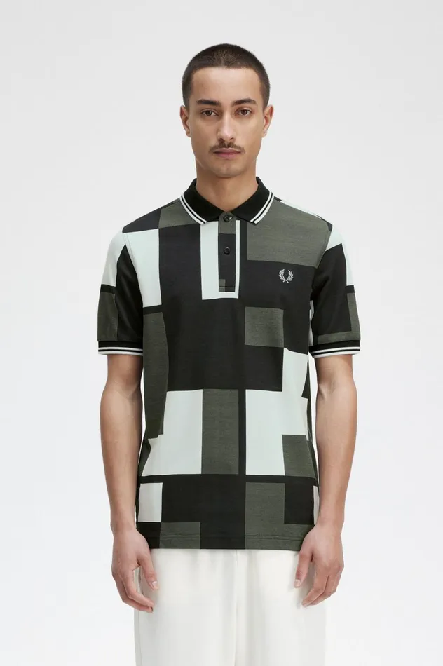 Men Pixel Print Shirt Light Ice Fred Perry Polo Shirts