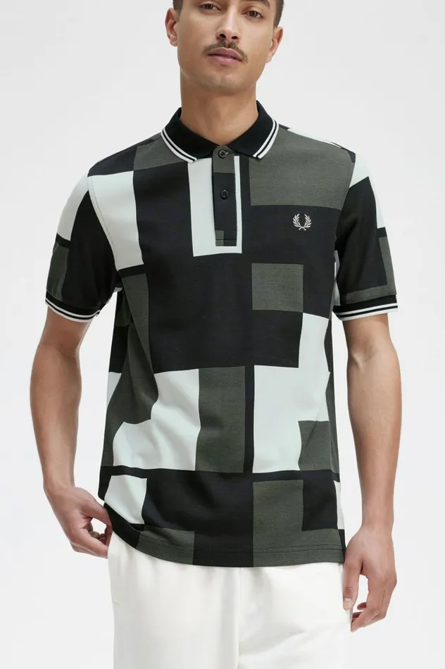 Men Pixel Print Shirt Light Ice Fred Perry Polo Shirts