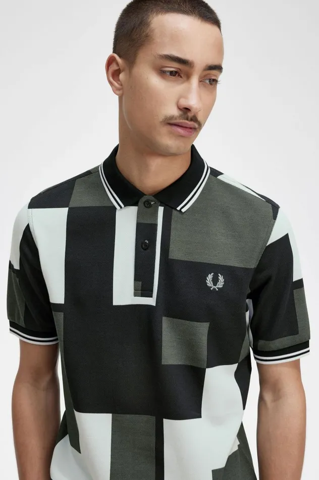 Men Pixel Print Shirt Light Ice Fred Perry Polo Shirts
