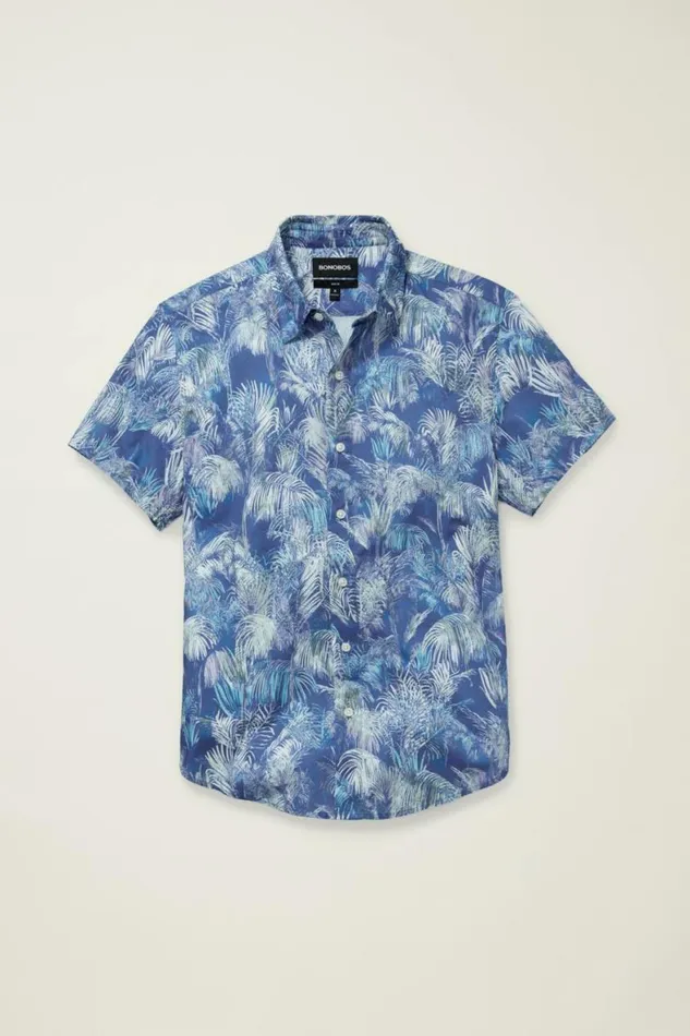 Men Riviera Short Sleeve Shirt Blue Abstract Palms Bonobos Short Sleeve Shirts