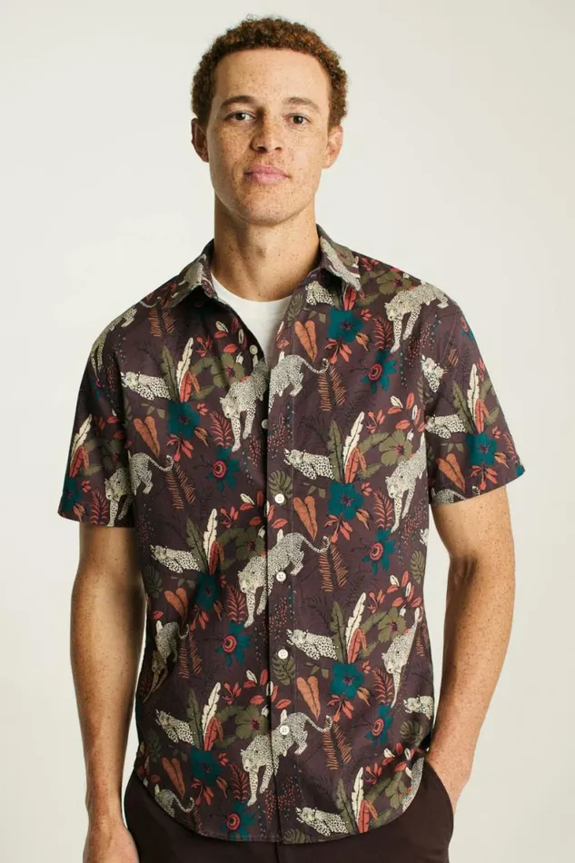 Men Riviera Short Sleeve Shirt Brown Leopard Jungle Bonobos Short Sleeve Shirts