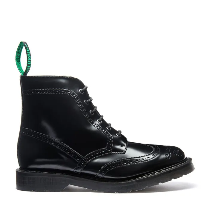 Men Solovair Brogue Boots Black HiShine Vegan 6 Eye Derby Brogue Boot