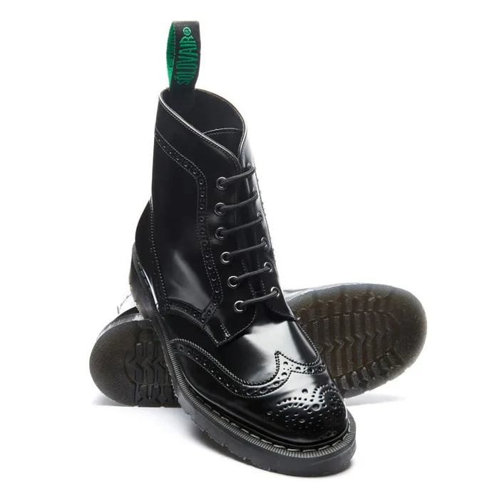 Men Solovair Brogue Boots Black HiShine Vegan 6 Eye Derby Brogue Boot