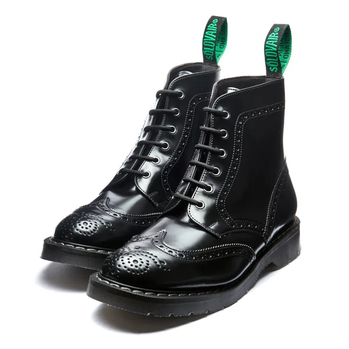 Men Solovair Brogue Boots Black HiShine Vegan 6 Eye Derby Brogue Boot