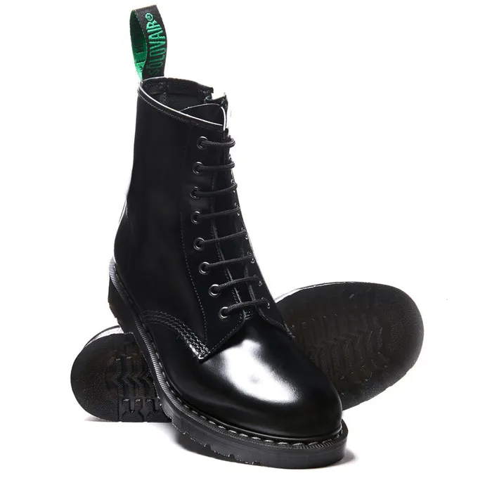 Men Solovair Zip Boots Black HiShine 8 Eye Zip Derby Boot