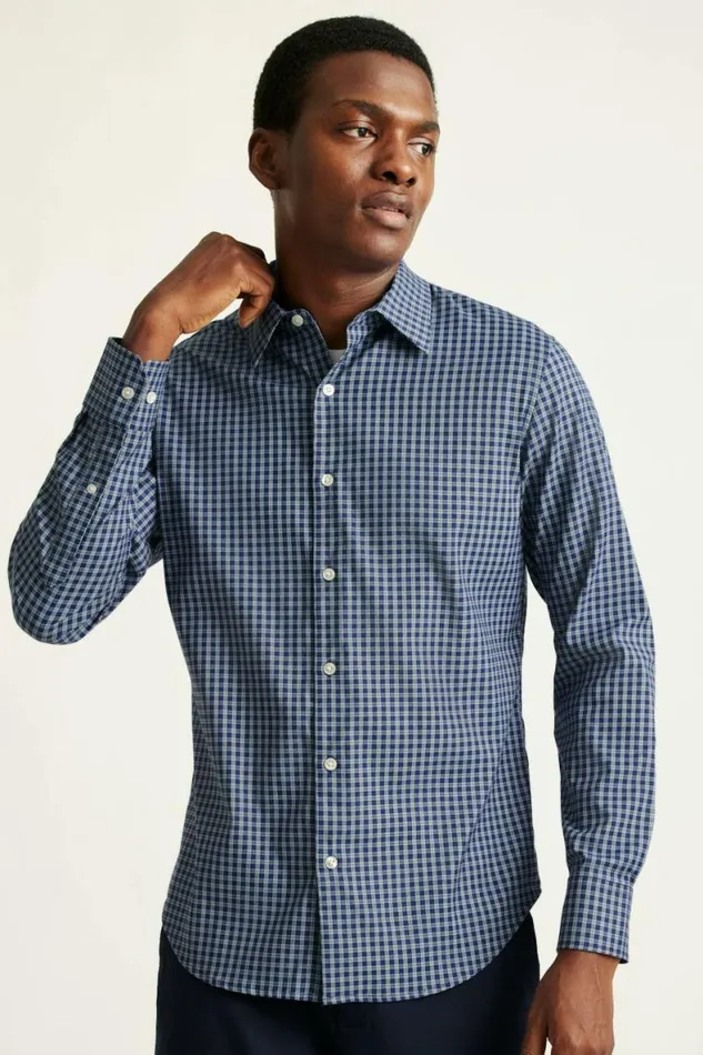 Men Tech Button Down Shirt Navy Blackstone Plaid Bonobos Business Casual Shirts