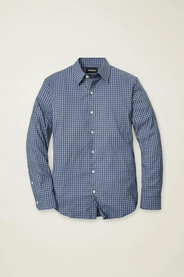 Men Tech Button Down Shirt Navy Blackstone Plaid Bonobos Business Casual Shirts