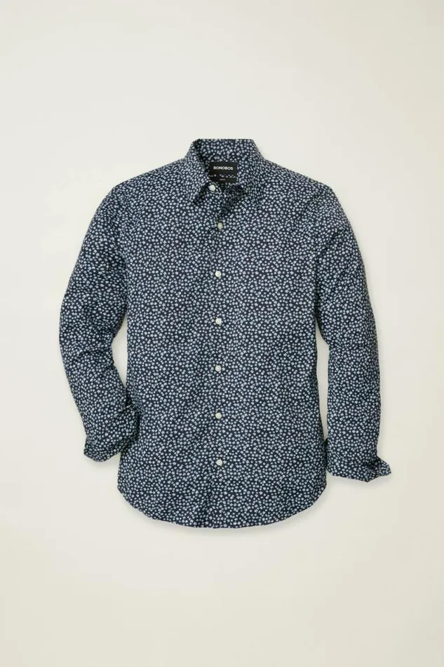 Men Tech Button Down Shirt Navy Petra Floral Bonobos Business Casual Shirts