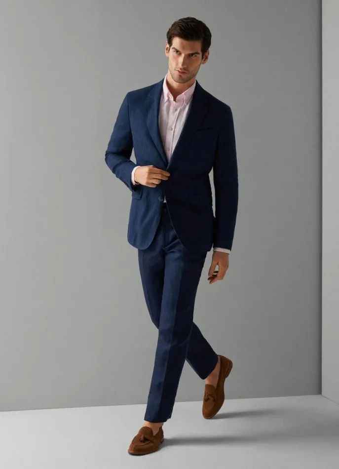 Men Trousers and Chinos Hackett London Classic Fit Linen Trousers Navy