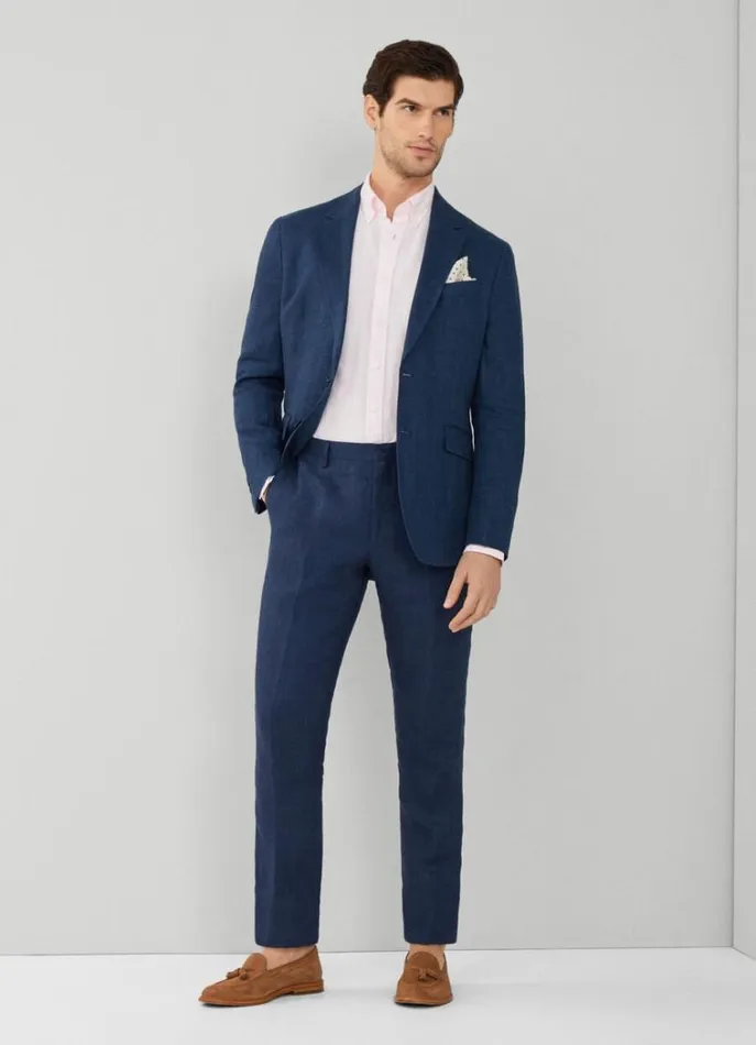 Men Trousers and Chinos Hackett London Classic Fit Linen Trousers Navy