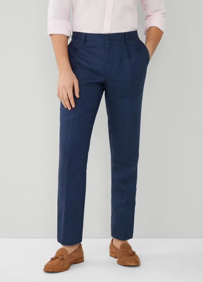 Men Trousers and Chinos Hackett London Classic Fit Linen Trousers Navy
