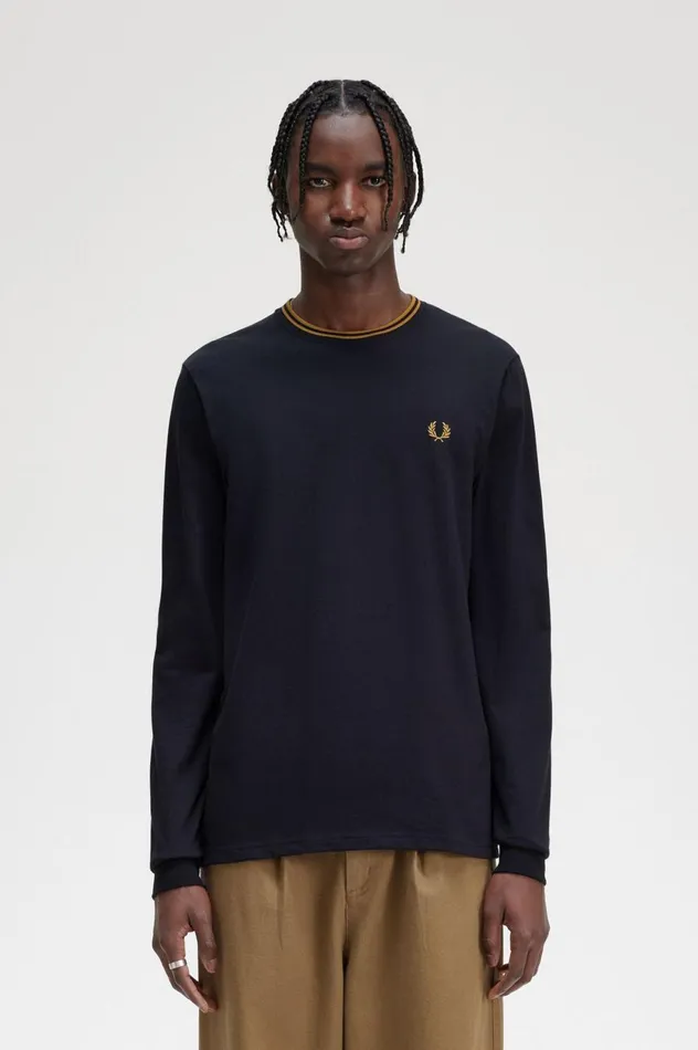 Men Twin Tipped TShirt Navydark Caramel Fred Perry TShirts