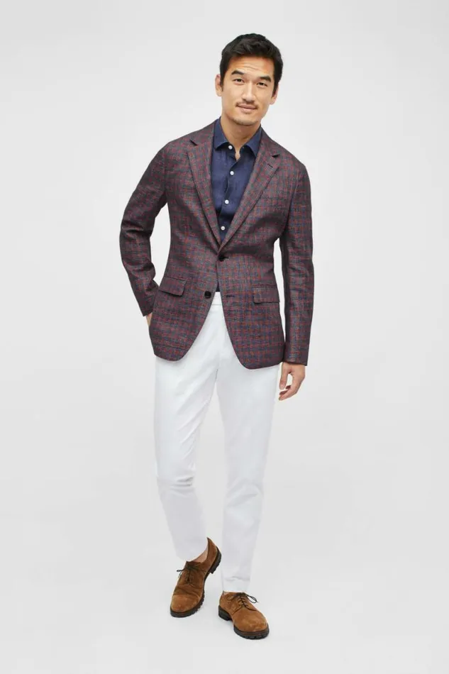 Men Unconstructed Italian Linen Blazer Red Blue Gingham Bonobos Blazers and Sport Coats