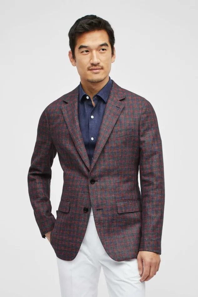 Men Unconstructed Italian Linen Blazer Red Blue Gingham Bonobos Blazers and Sport Coats