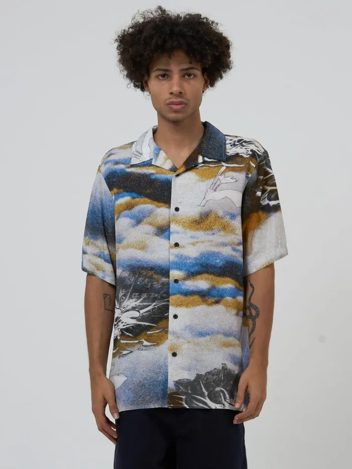 Mens Actions Not Words Bowling Shirt Cloudy Blue Thrills Shirts