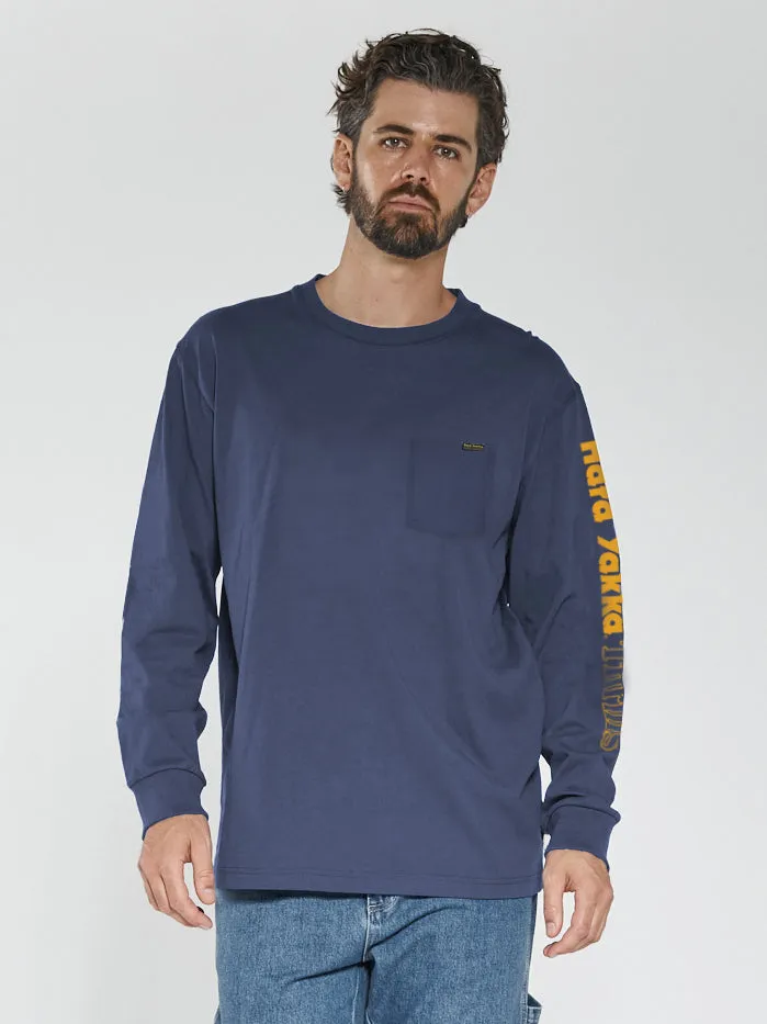 Mens Hard Yakka X Beginning To Present Oversize Fit Long Sleeve Pocket Tee Yakka Blue Thrills Tees and Tank Tops