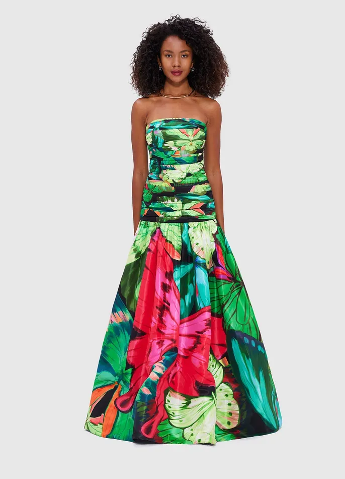 Natalia Ruched Maxi Dress 8211 Papillon Print in Green Dresses and Jumpsuits LEO LIN Women